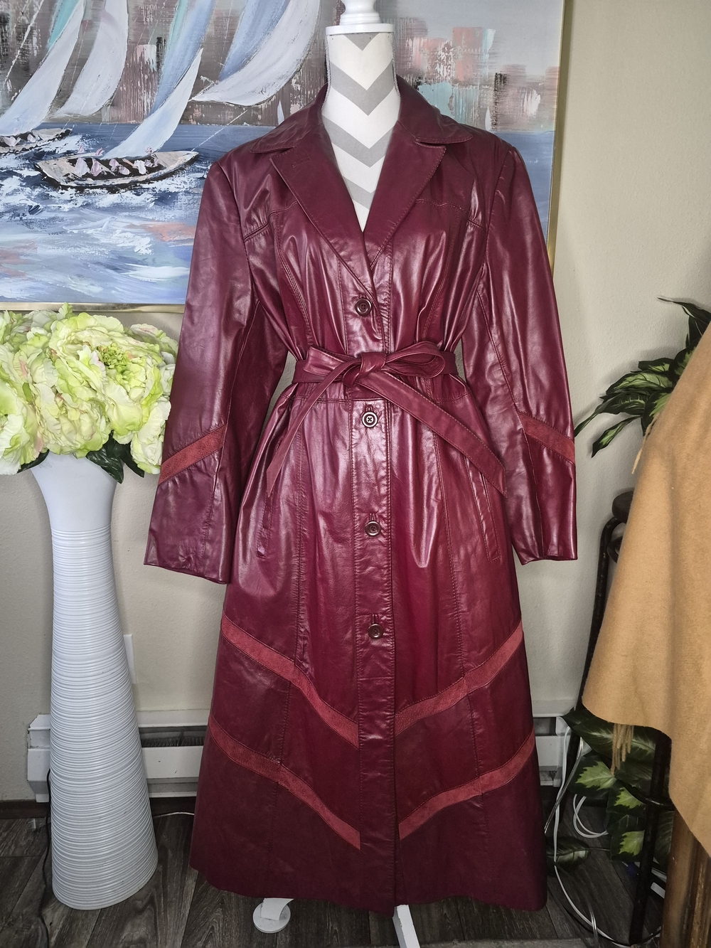 Vintage Tannery Women's Burgundy Leather Trench Coat with Tie Belt